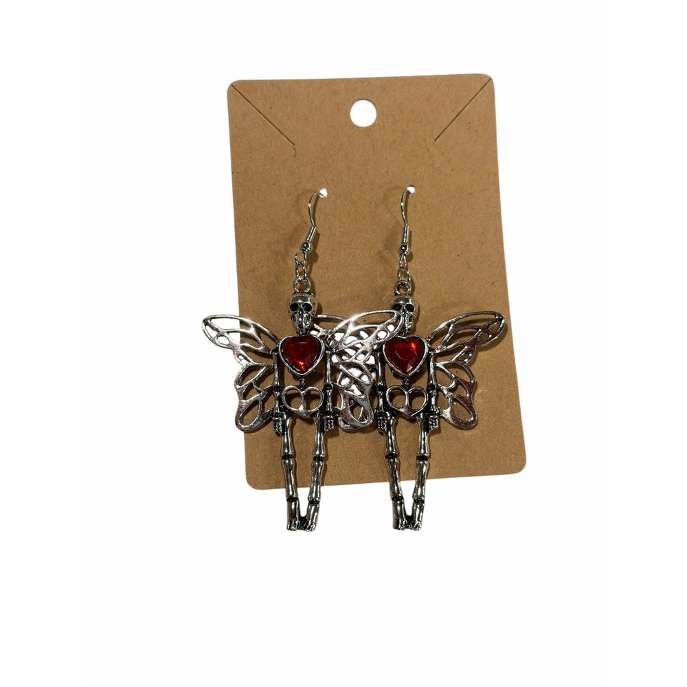 Skeleton Fairy Heart Earrings Silver Tone Red Rhinestone Gothic Wings Dangle